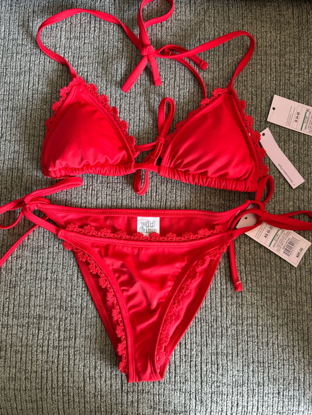 Red Lace-Trim Triangle Bikini Set